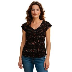 Candie's Black Blouse with Rounded Neckline and Floral Pattern